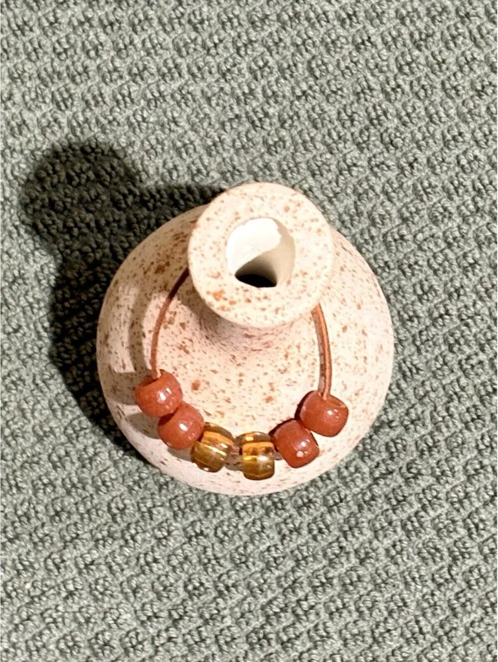 Vintage Speckled Ceramic Bud Vase with Beaded Leather Ring Accent – 7.5” x 4”